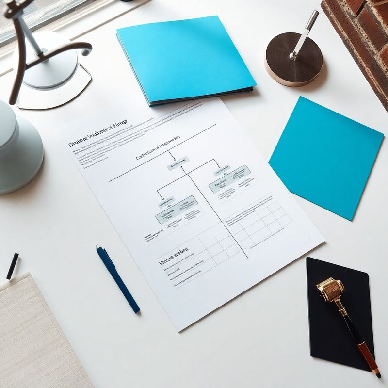 Flat-lay met holdingstructuur-diagram, verzekeringspolis en risicomatrix op een wit bureau